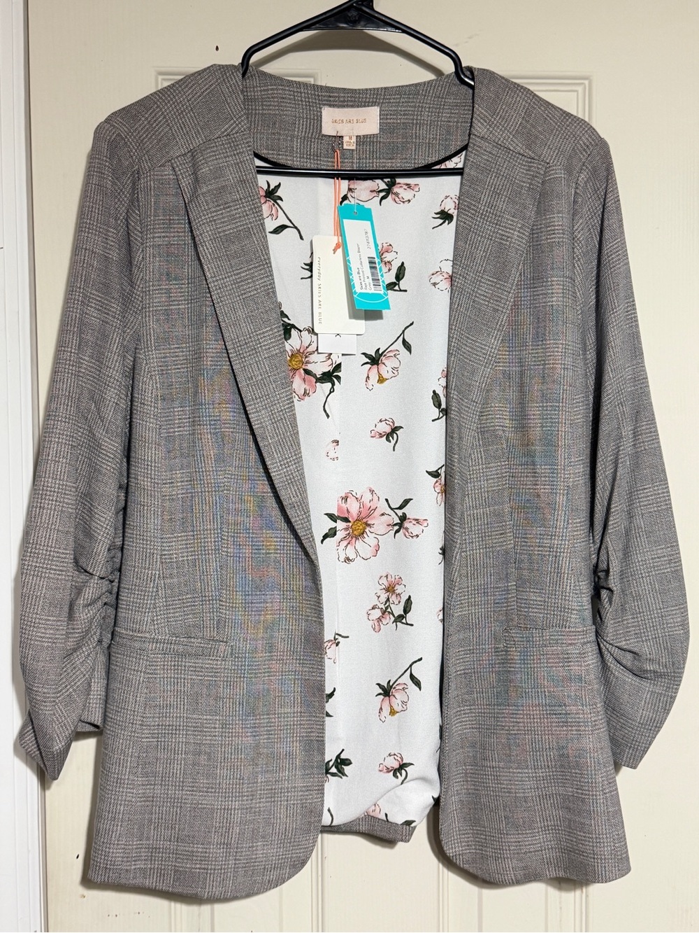 Skies Are Blue Gray Plaid Blazer with Floral Lining